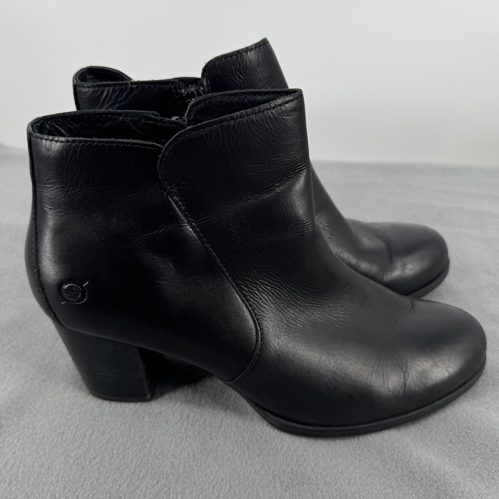 Born Womens 6.5 Black Leather Ankle Boots Side Zip Block Heel Comfort Kerri